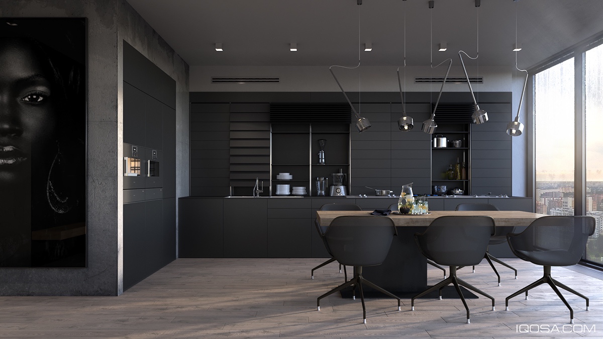 Bachelor-kitchen-all-black-cabinetry-minimal-wooden-dining-table-black-sleek-chairs-1.jpg